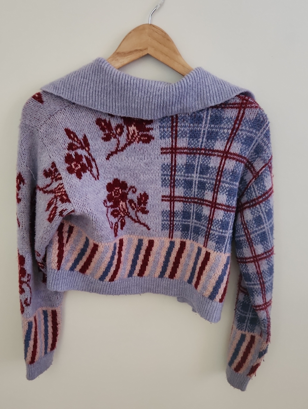 Zara Jacquard Plaid Flora Multi-Pattern Knit Button Cardigan Purple Small - Picture 6 of 6